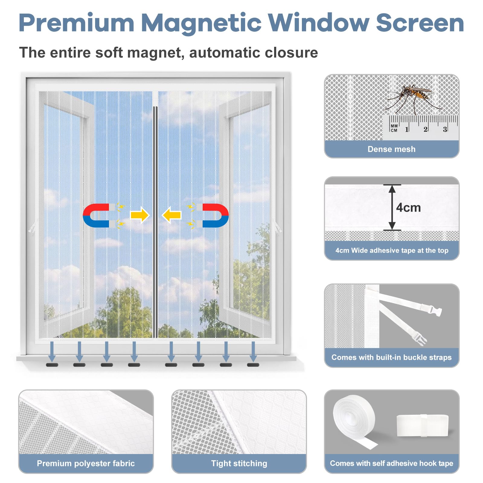 Mosquiteras para Ventanas Magneticas,Mosquitera Ventana Magnetica Sin Taladrar con Cinta Adhesiva,Malla Mosquitera corredera con Iman,Red mosquitero Janela para Dormitorio,Balcón (Blanco, 120x120cm) - 3