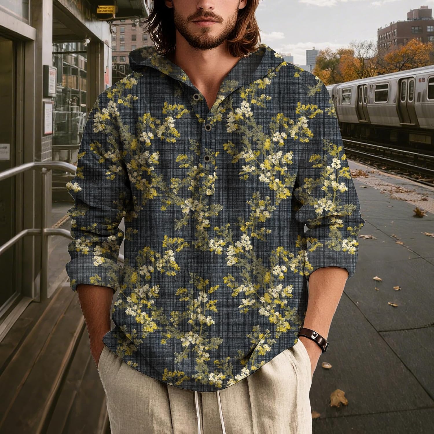 Mens Long Sleeve Hooded Shirt Botanical Print Lightweight Casual Pullover Button Neck Roll Up Sleeves Beach Wear - Image 2