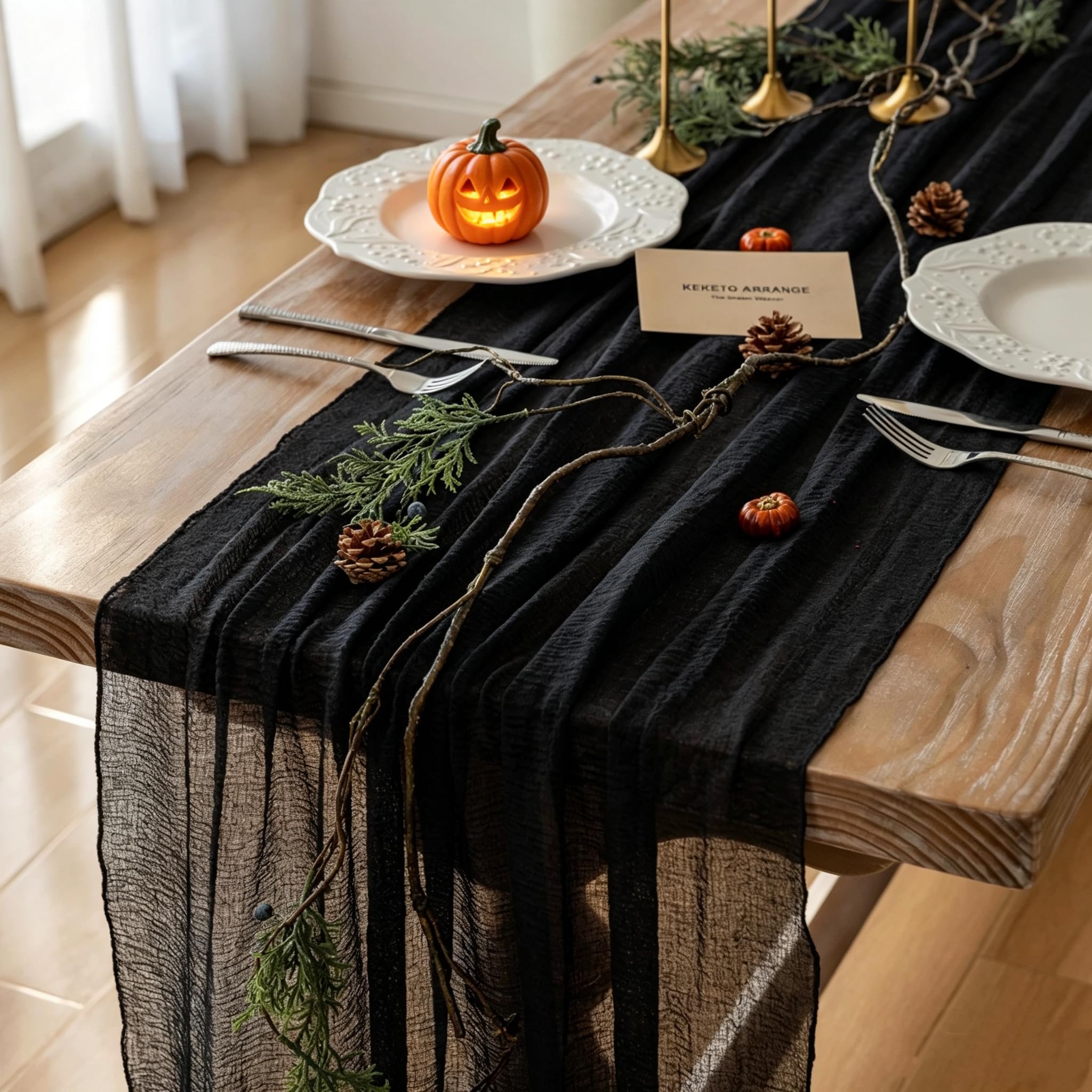 3Pcs Halloween Holiday Black Cheesecloth Table Runner 120 Inch for Decor