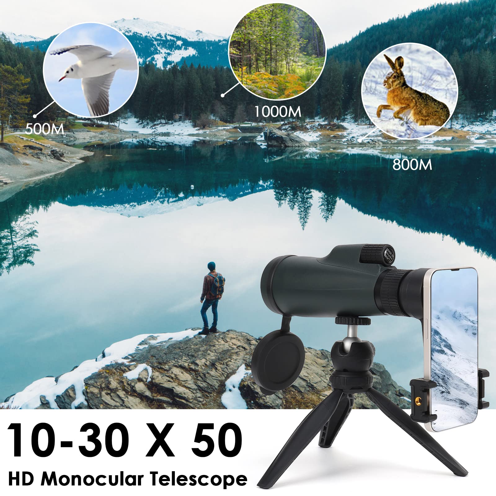 Monocular Telescópico Monocular 10-30x50 HD Czemo - Zoom Ajustable, Prisma BAK-4, Impermeable, Con Soporte Para Teléfono Y Trípode Telescopio Monocular