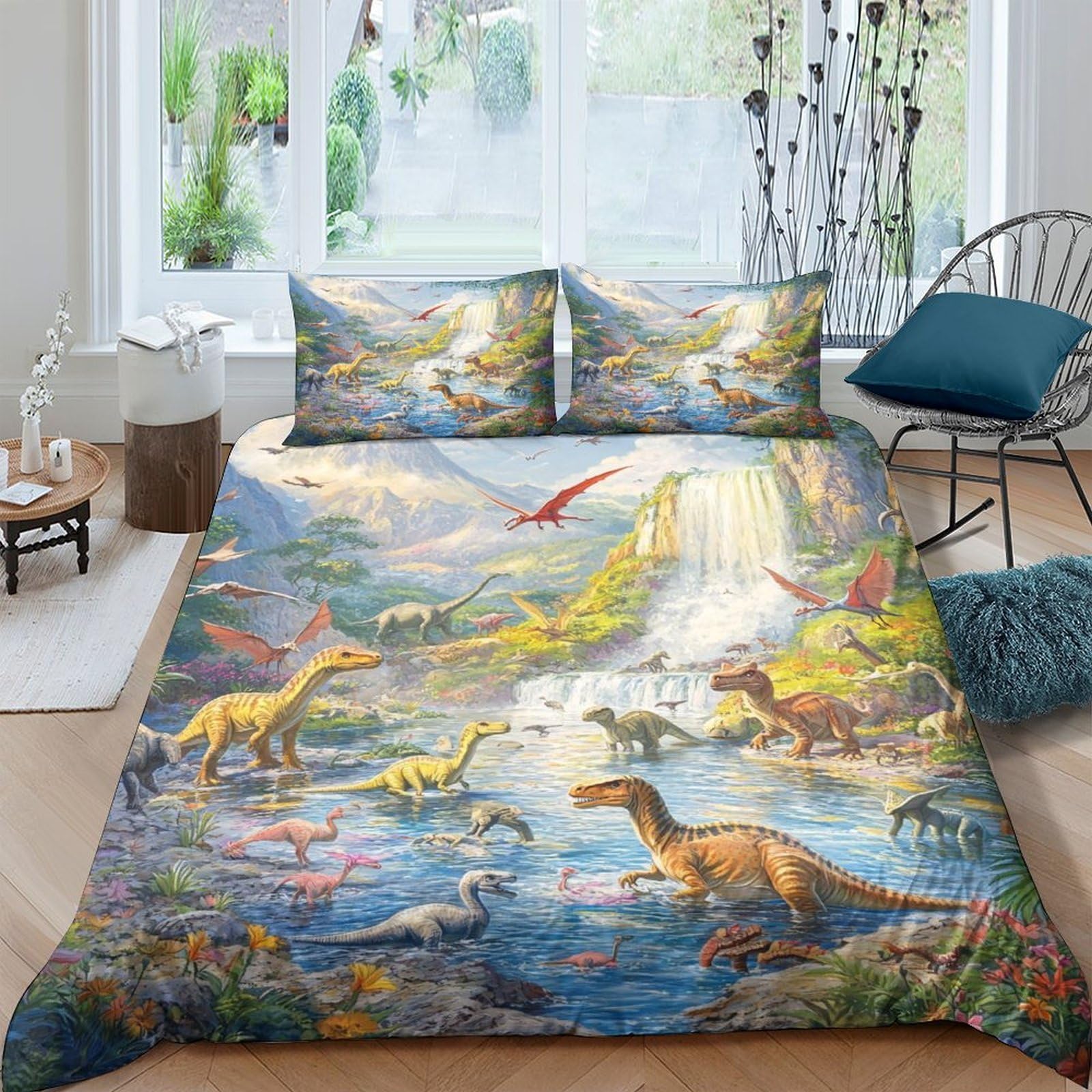 Ctjqhvkz Style-7 3D Printed Dinosaur Landscape Fitted Sheet Microfiber Soft Breathable Jurassic River Bed Cover For Bedroom Guest Room Decor Single（135X200cm）