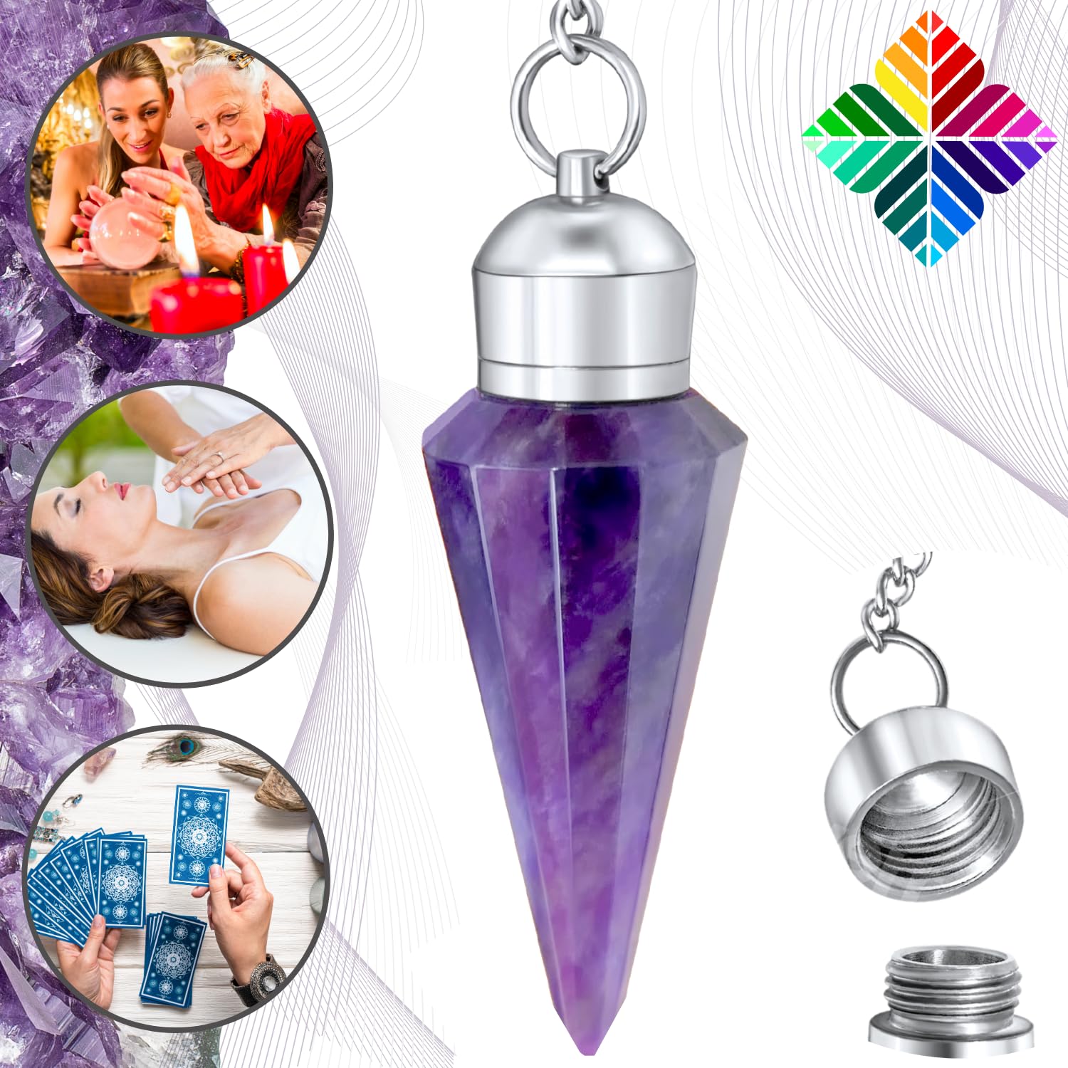 Imagen de catálogo asociada a Péndulo Adivinatorio Amatista Natural Cono de 12 facetas con dormitorio de testigo – Colección