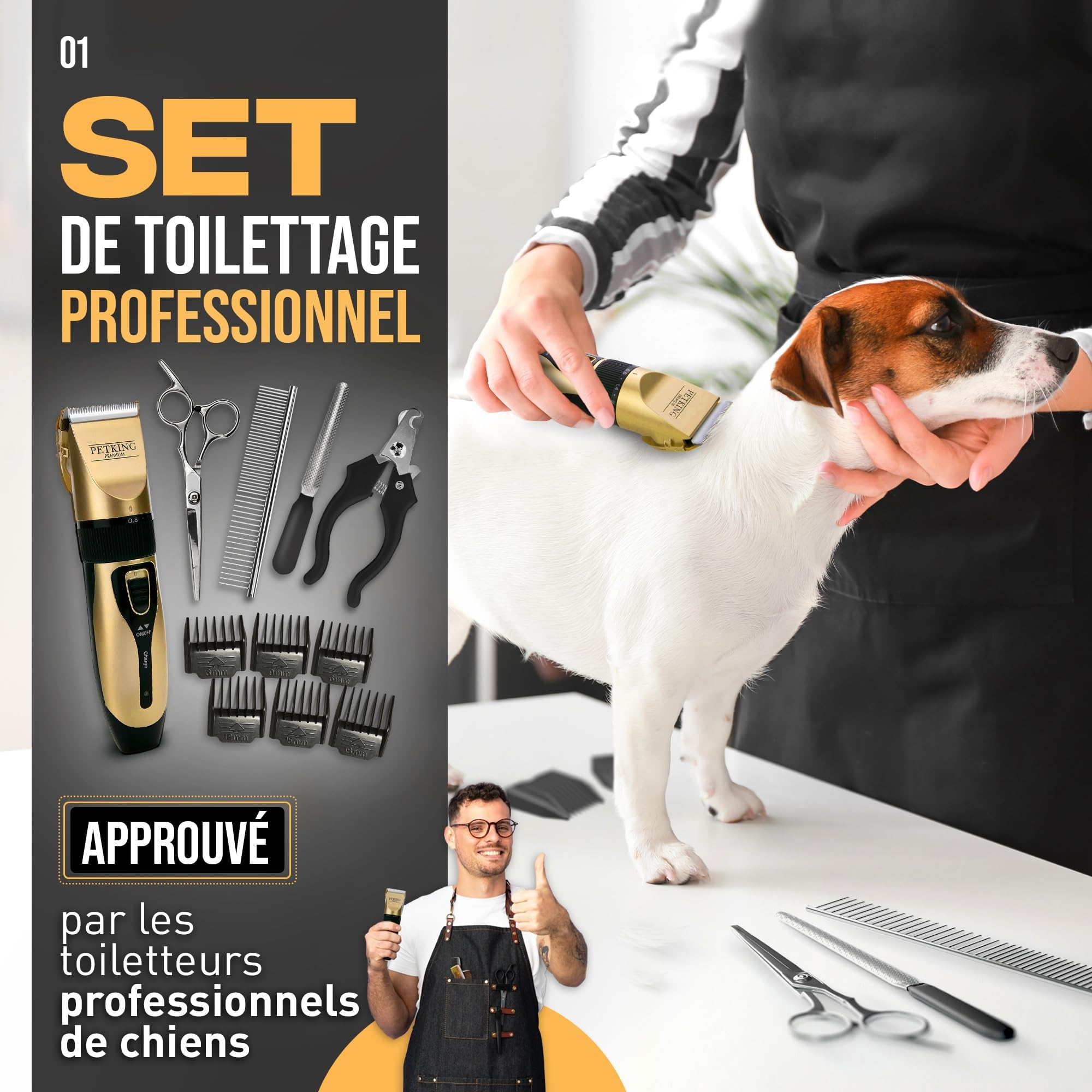 PetKing Premium Tondeuse pour Chiens, Kit de Toilettage Professionnel pour Pelages épais, Compatible Avec les Chiens et les chats. Tondeuse Sans fil et Silencieuse, Idéale pour les Chien et les Chats