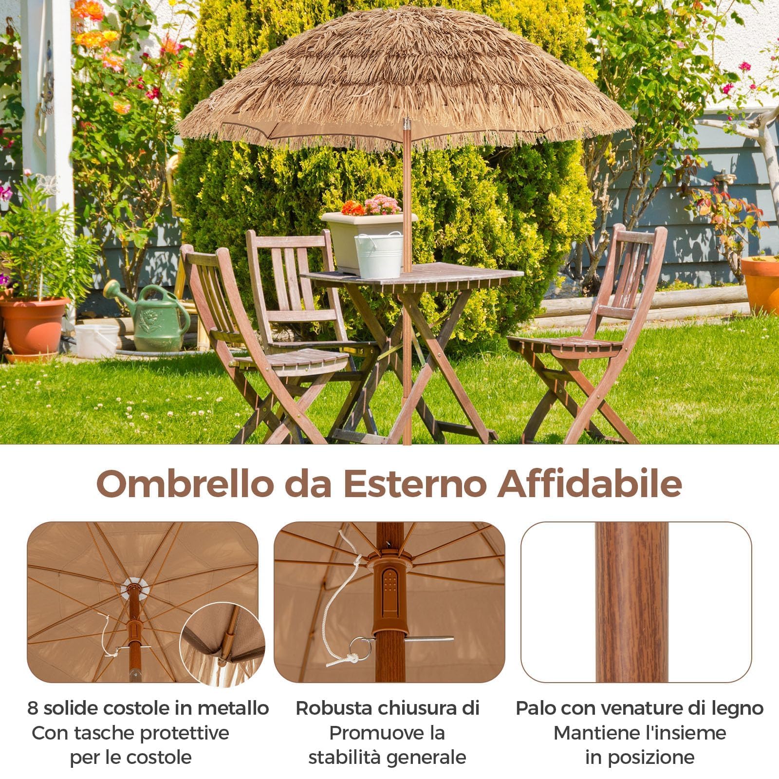RELAX4LIFE Ombrellone da Spiaggia 200 cm con Base, Parasole Hawaiano in Paglia, Palo Reclinabile, Borsa per il Trasporto, Ideale per Spiaggio, Giardino e Balcone (Naturale)