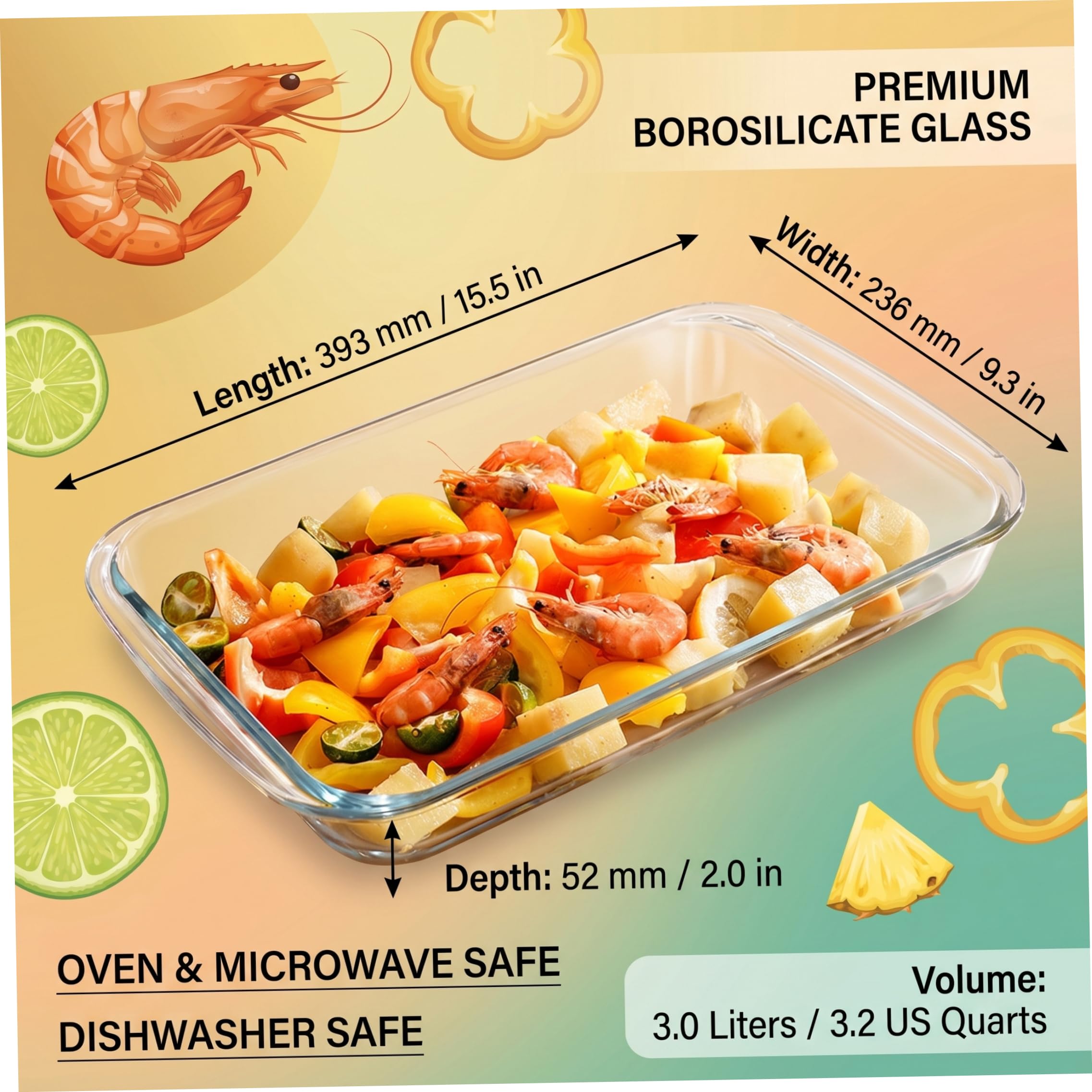 Teglia da forno in vetro, teglia da forno rettangolare in vetro, pirofila per lasagne borosilicato da 3 litri, 5 cm, adatta al e al microonde.