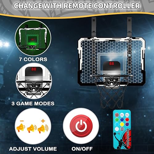 Miniatura 44 de QDRAGON Aro de baloncesto para interiores para niños, mini aros de baloncesto sobre la puerta con 7 luces LED, juguetes de baloncesto, regalos