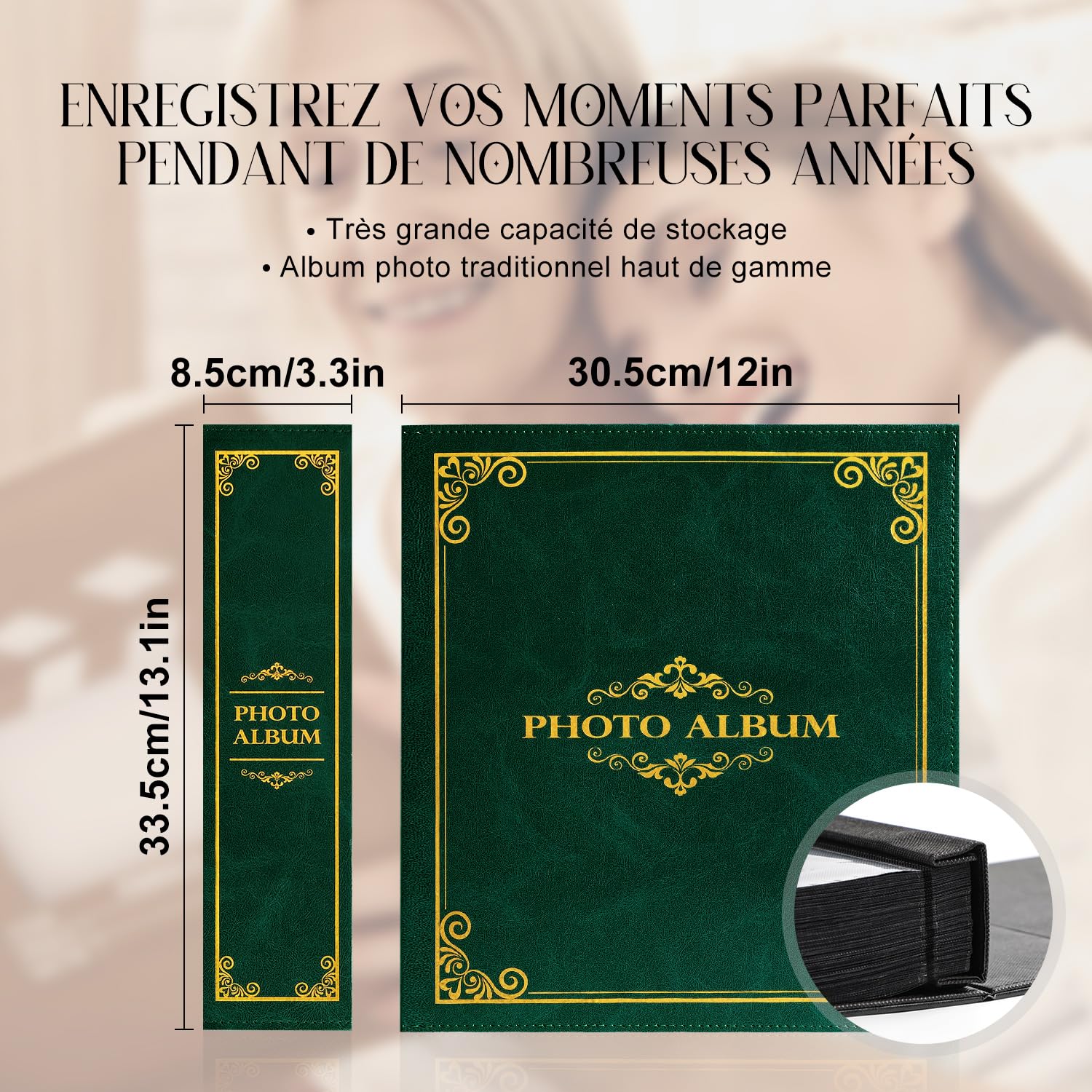 Album Photo Traditionnel 10x15 Pochette, Grand Format Album Photo de Classe avec Pochette Plastique 1000 Horizontal Vertical Photos Vert