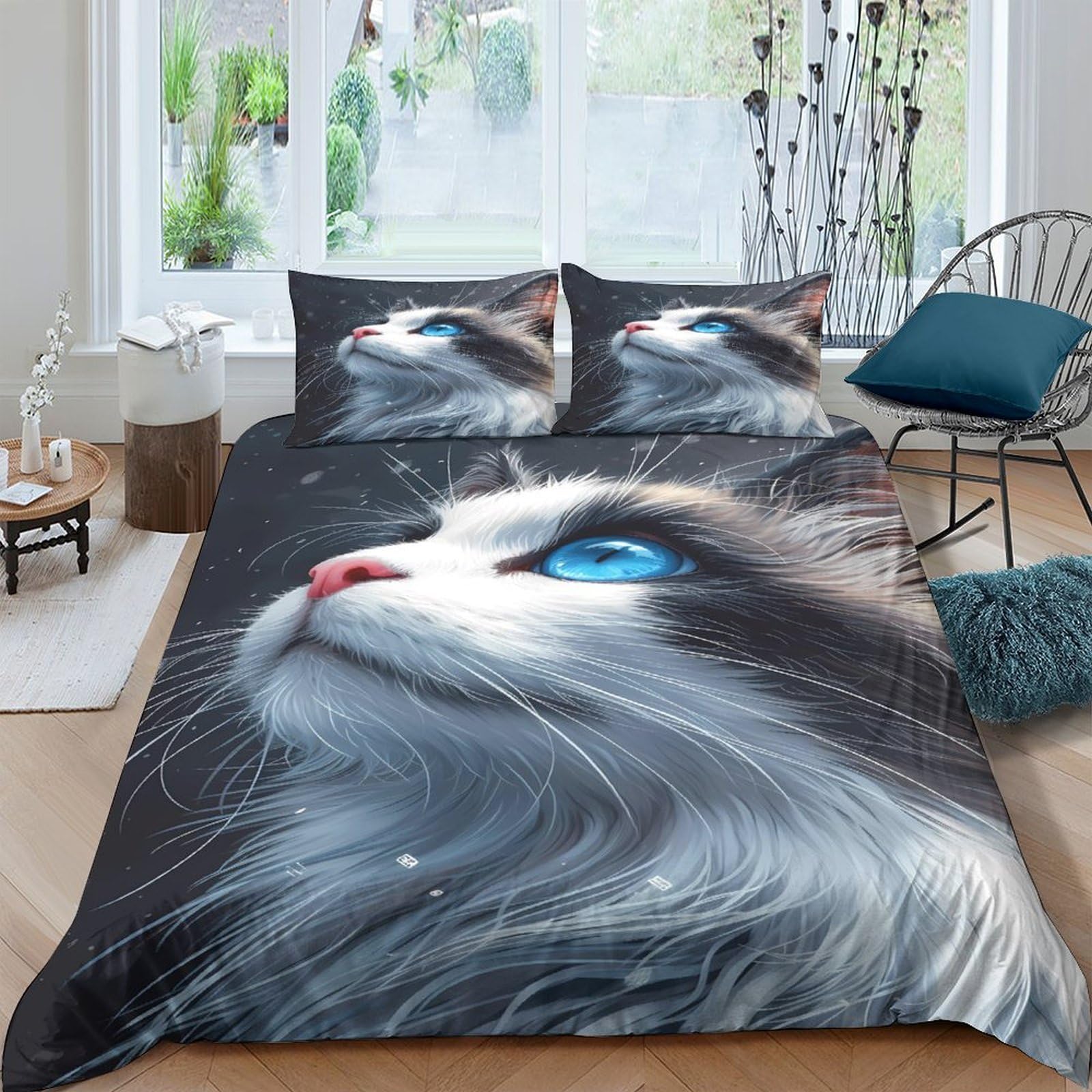 GPLZQXKJNH 3D Printed Blue Eyed Cat Duvet Cover Microfiber Soft Breathable Grey Feline Bedding Set with 2 Pillowcases for Bedroom Decor Single（135x200cm）