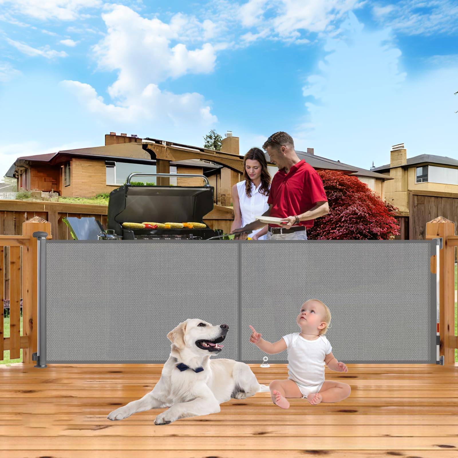 34" H×70/90/140/200" W Retractable Baby Gates Extra Wide,Dog/Cat/Baby Gate for Indoor Stairs Our Outdoor, Pet Doors for Doorways with Support Poles, Mesh Baby Gate Extra Wide for Deck