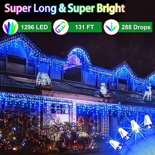 Miniatura 2 de Serie 1296 luces led Navidad colgantes, 131 pies, 288 gotas, para exterior, 8 modos, temporizador, enchufables, cortina, impermeable, casa,