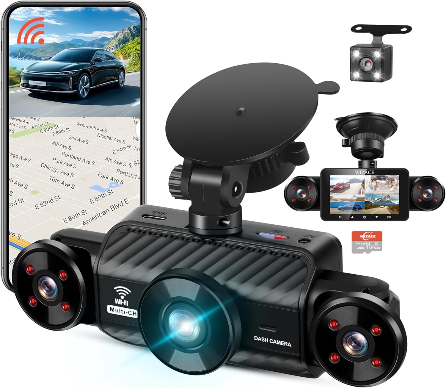 4 Channel Dash Cam 360 Degree View 5G WiFi & APP Control, WIZACE 2K Front and Rear Inside, Left Right Dash Camera for Cars Free 64GB TF Card, G-Sensor, Night Vision, 24H Parking Mode