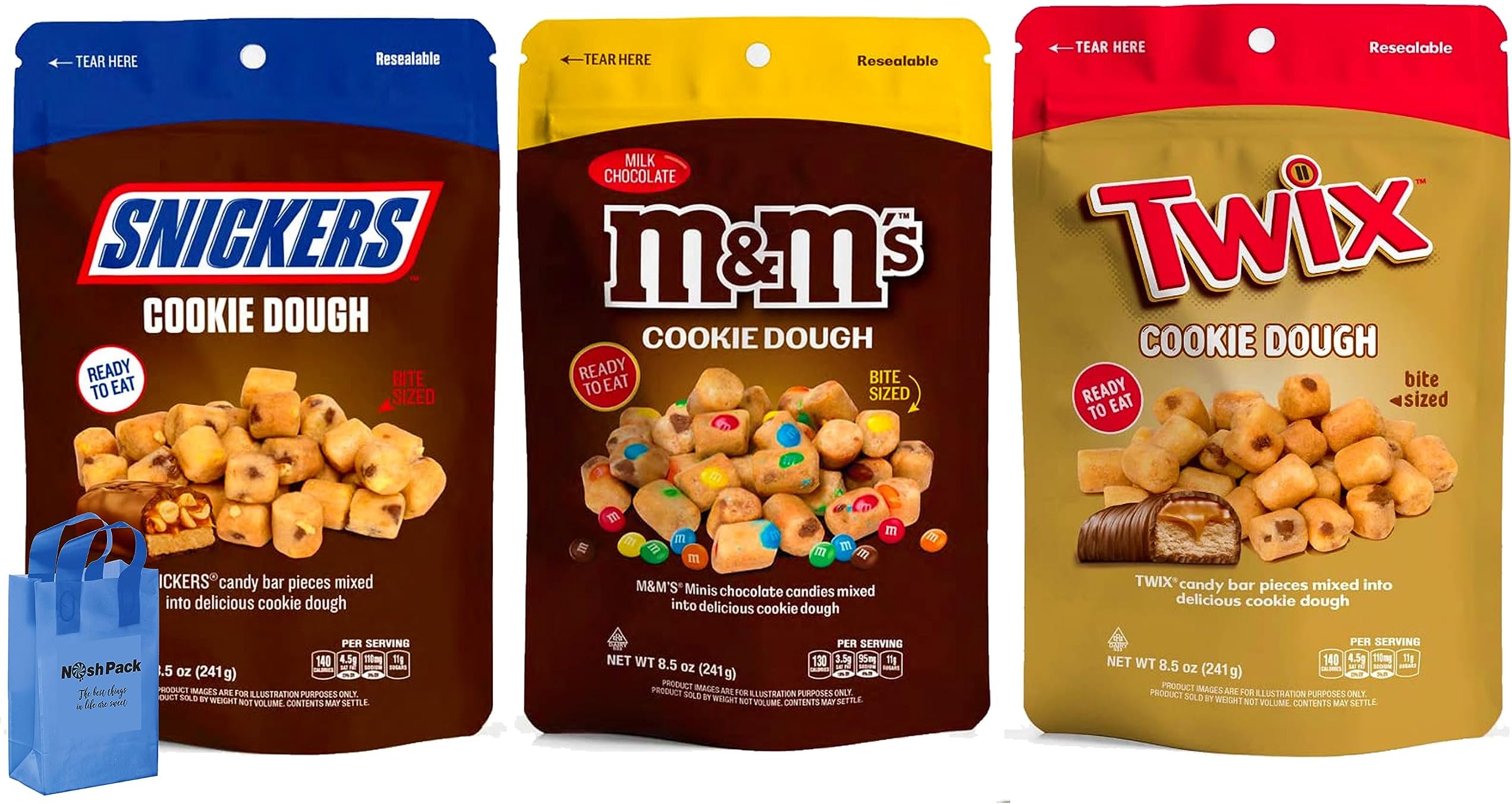NOSH PACK Edible Cookie Dough Bites Variety, M&M's, Snickers & Twix Cookie Dough Bites, Safe to Eat, 8.5 Ounce Individually Wrapped Bags, Ready to Eat No Bake Cookie Bites Candy, with Nosh Pack Bag