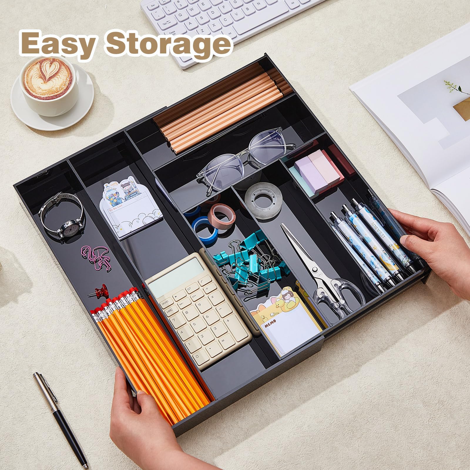 Briwooody Organizer per cassetti in acrilico, massimo 38 x 45 cm, espandibile, per penne, quaderni, righelli, vassoio per trucchi con 7 scomparti regolabili, per scrivania, ufficio, cucina, bagno