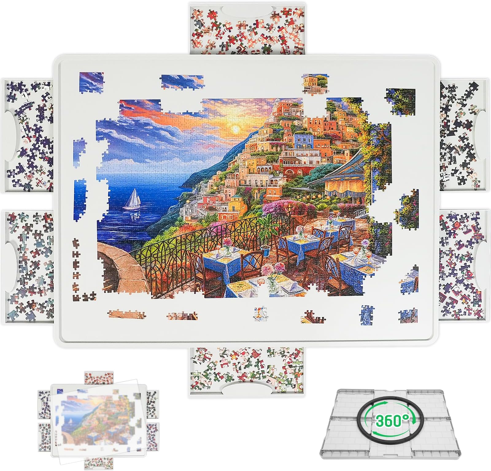 - BuilderButler Lightweight 1500 Pieces Rotating Puzzle Board with 6 Sliding Drawers and Cover – 360° Lazy Susan Spinning, 34.25"x25.98" Portable Plastic Puzzle Table, for Mom