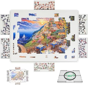 BuilderButler Lightweight 1500 Pieces Rotating Puzzle Board with 6 Sliding Drawers and Cover   360  Lazy Susan Spinning, 34.25"x26.38" Portable Plastic Puzzle Table, for Mom