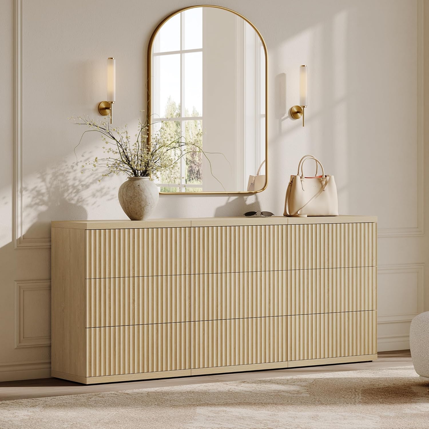 SICOTAS Modern Sideboard Buffet Cabinet, Fluted Credenza Storage Cabinet with 3 Larger Drawers, Mid Century Media Console Coffee Bar Table for Dining Room Hallway Kitchen, Coastal Oak