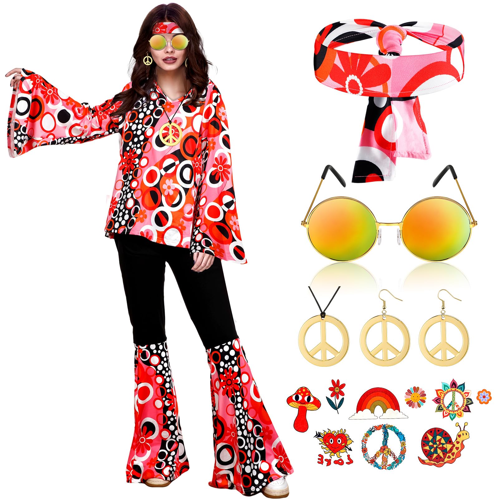 Mepase 7 Pcs 70s Women Hippie Set Flared Hippie Disco Outfits Jewelry Sunglasses Headband Temporary Tattoo