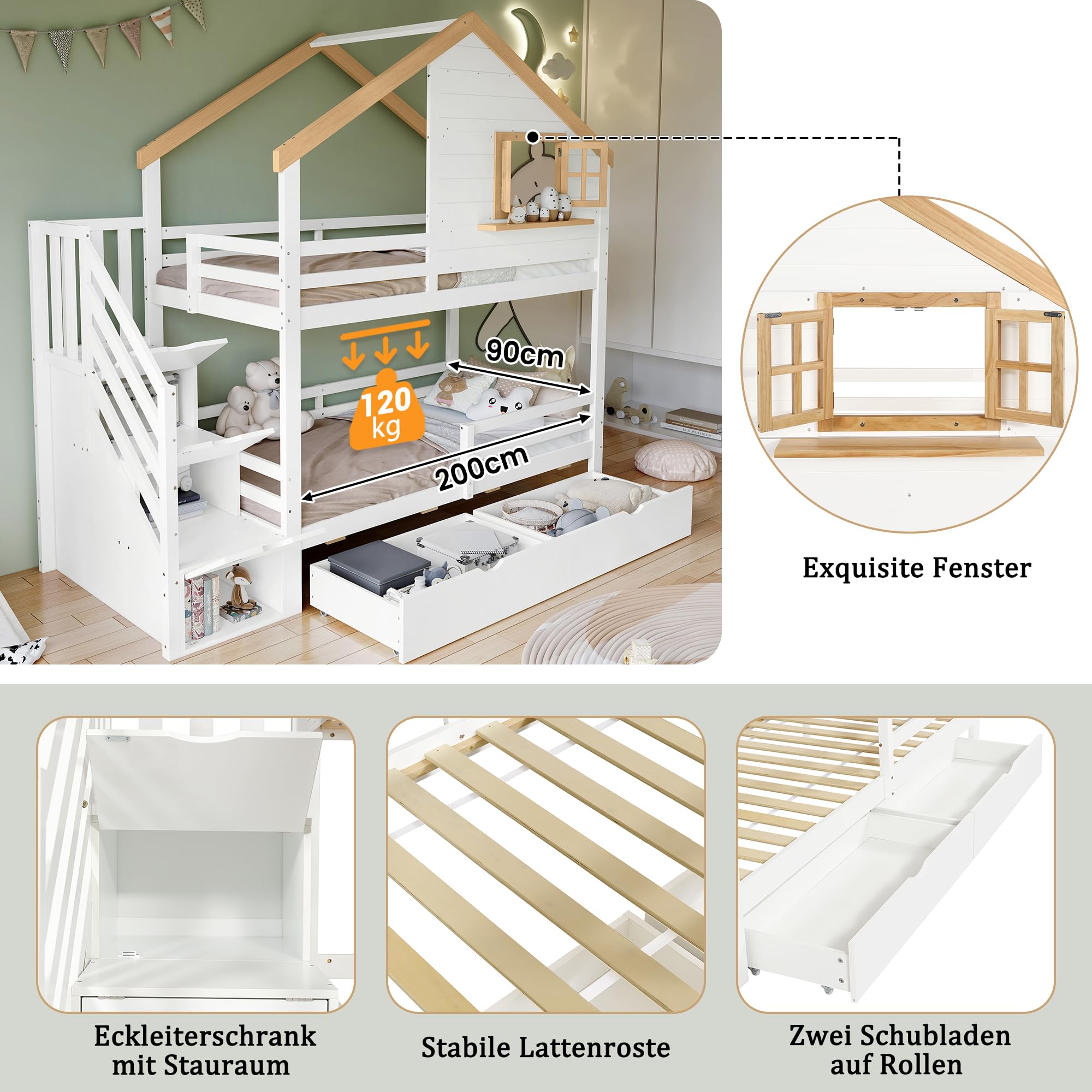 Litera Infantil para Niños 90x200 cm, Cama Alta con 2 Cajone, Litera Doble Matrimonio con Escalera Espacios de Almacenamiento, Cama Infantilen Forma de Casa con Ventana que se abre, Sin colchón