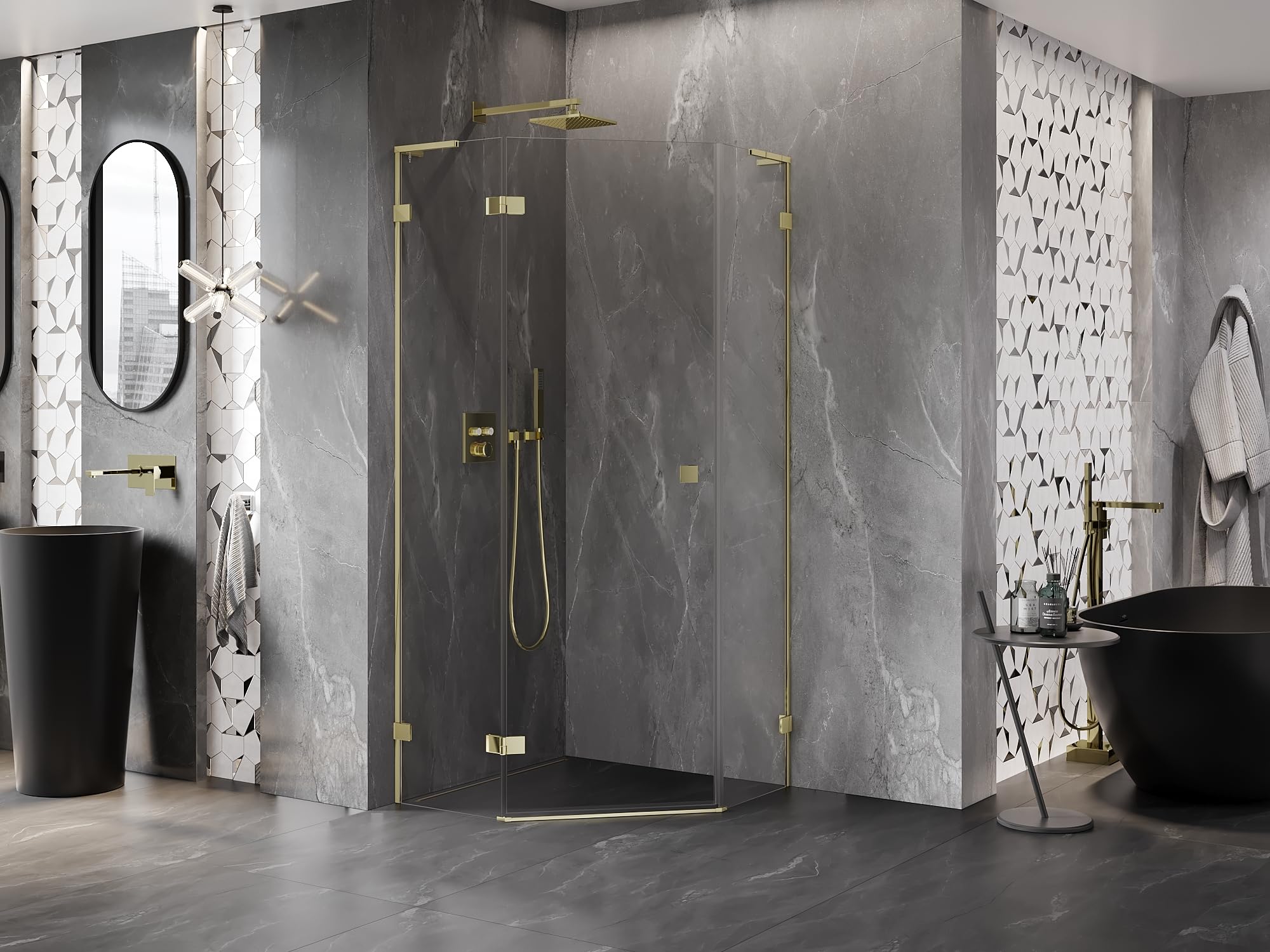 Mexen Lunar L Box Doccia Cinquagonale Orientabile Sinistra 90x90 Trasparente Oro