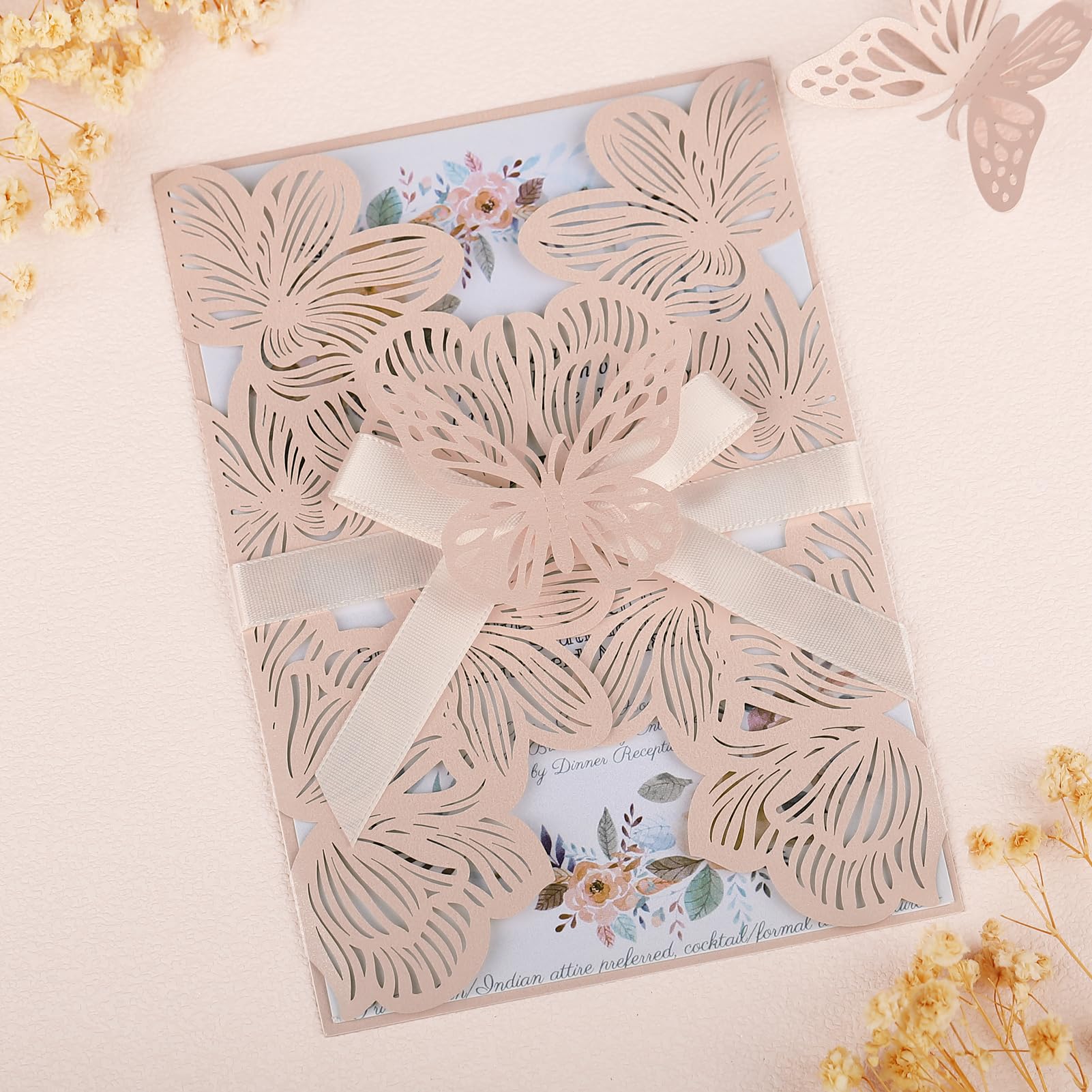 50pcs Pink Wedding Invitations Personalized with Envelopes and RSVP Cards Blank Laser Cut Hollow Flower Invitation Kits Butterfly Invitations for