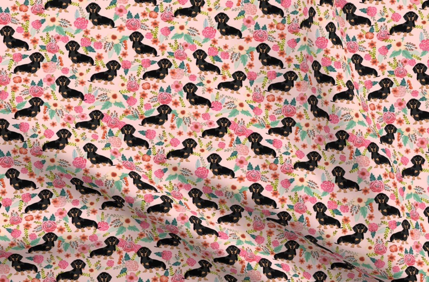 Spoonflower Fabric - Flowers Florals Dachshund Pink Pattern Dog Breeds Black Weiner Puppy Printed on Upholstery Velvet Fabric Fat Quarter - Upholstery Home Decor Bottomweight Apparel