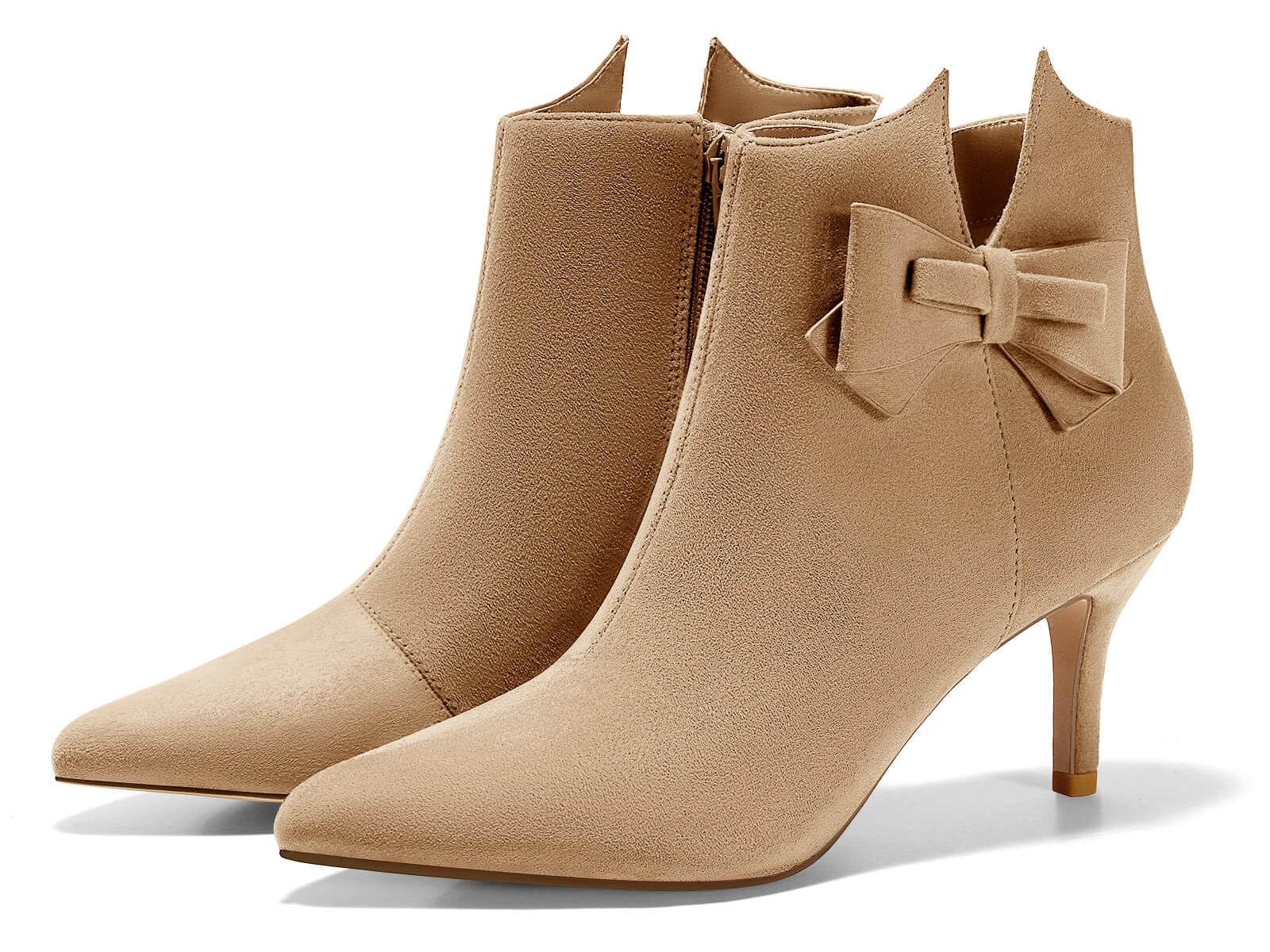 Womens Pointed Toe Ankle Boots Stiletto Heels Side Zipper Bow Faux Suede Booties Wedding Dress Shoes