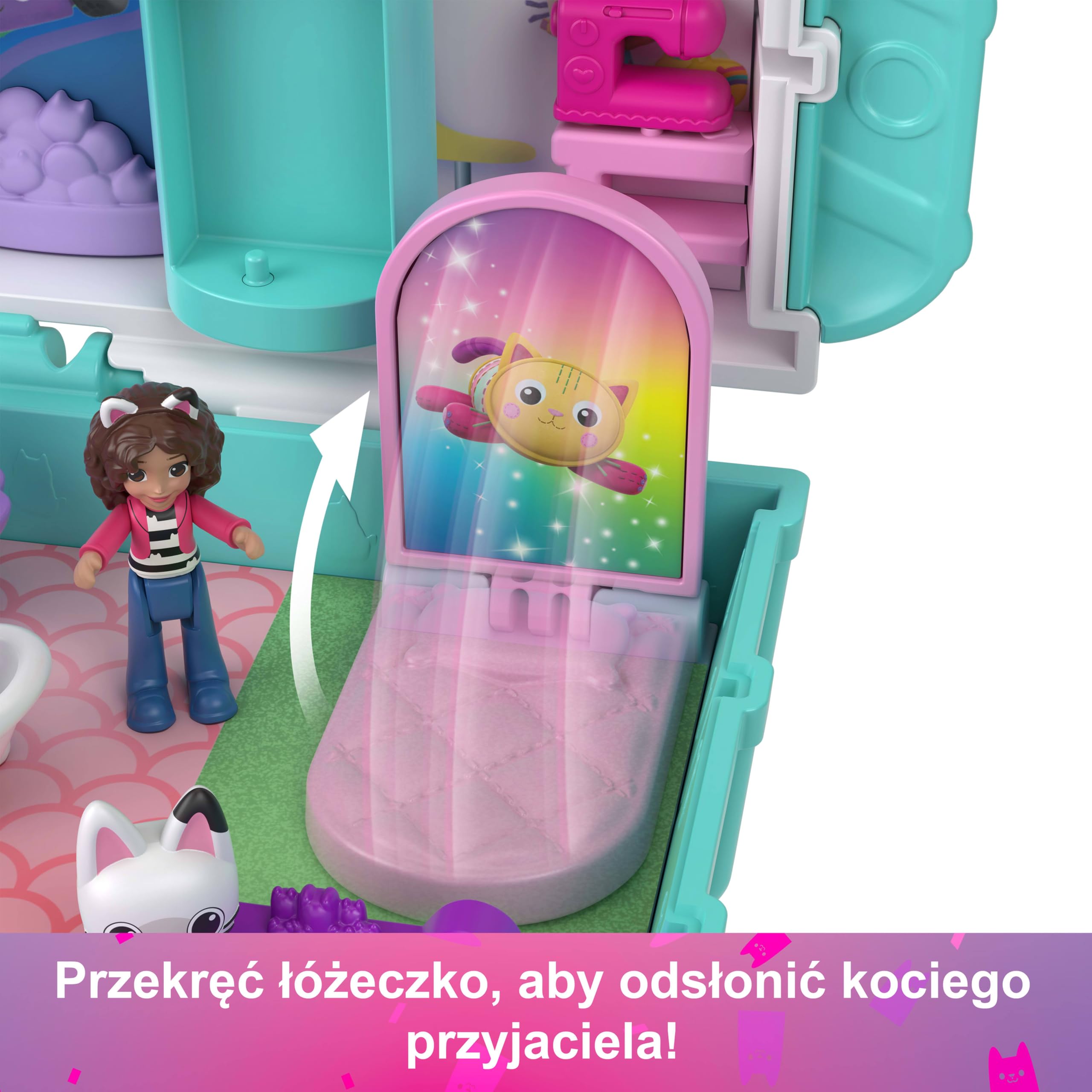 Polly Pocket Koci Domek Gabi Zestaw kompaktowy + mikro lalka, 9 akcesoriów tematycznych i figurki przyjaciół: Kiciusia Pandusia, Łakotka i Syrenkotki, zabawka dla dzieci 4+, JFV02
