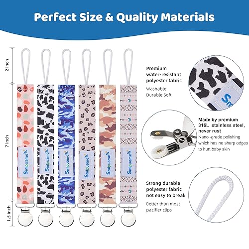 Miniatura 10 de Smlpuame Clip para chupete para niña, paquete de 6 elegantes correas para bebés, soporte para paci con clip, ligero, universal, se adapta a la