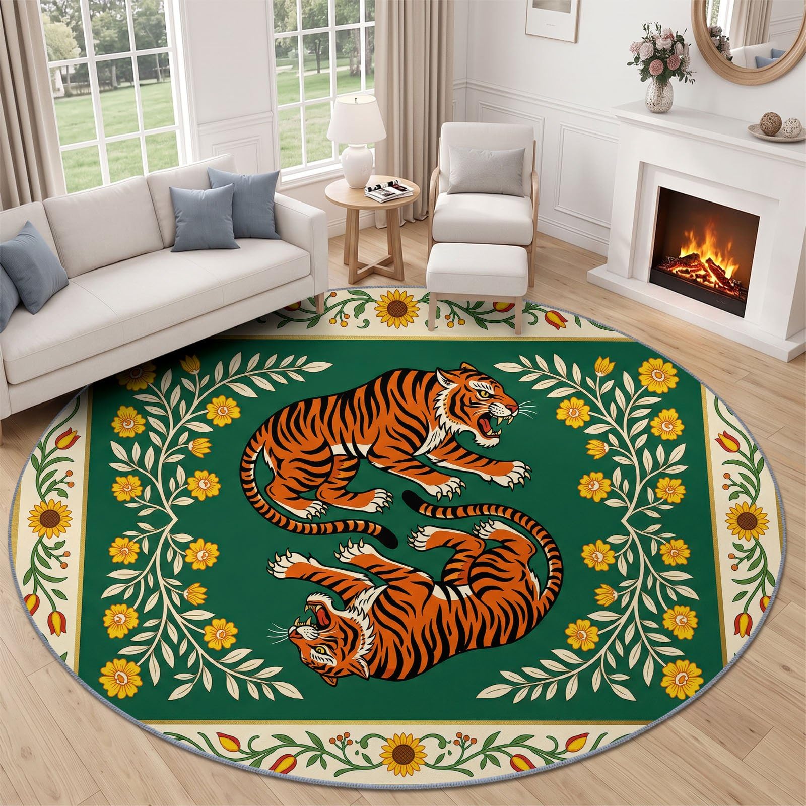 Ethnique Traditionnel Grand Tapis Rond à Motif Tigre Fleurs Feuilles Plantes pour Salon Chambre à Coucher Salle de Bain Couloir décoration, Lavable en Machine Pile Courte et Douce, Vert, 120 cm