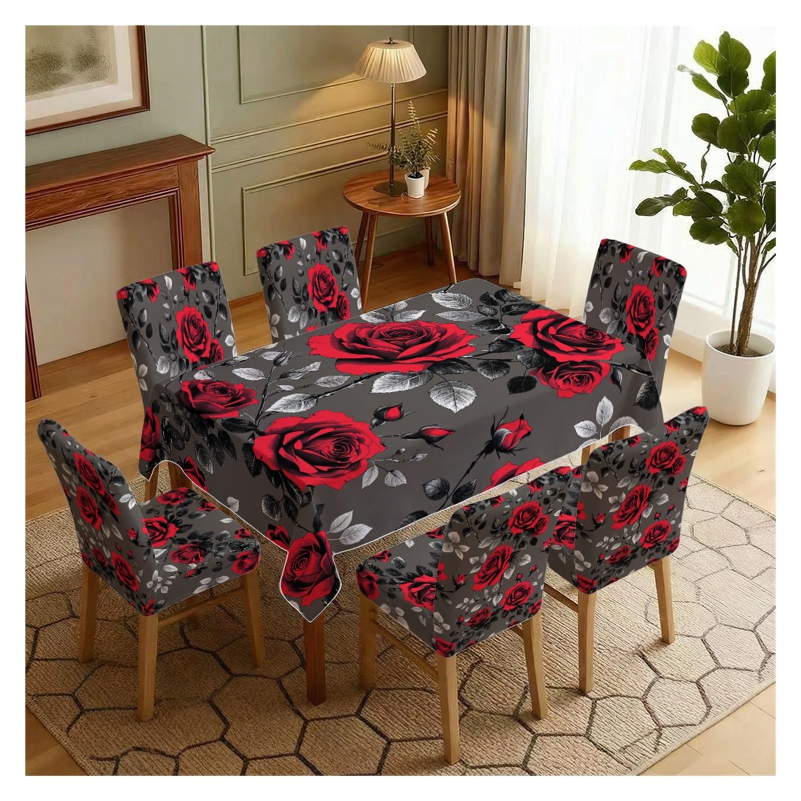 BOSUYBN Black Grey Background Red Rose Floral Printed Dining Tablecloth & Chair Covers Set, 5/7 Piece Gothic Romantic Home Decor Table Setting(7pcs Set: Tablecloth+Chair Covers)