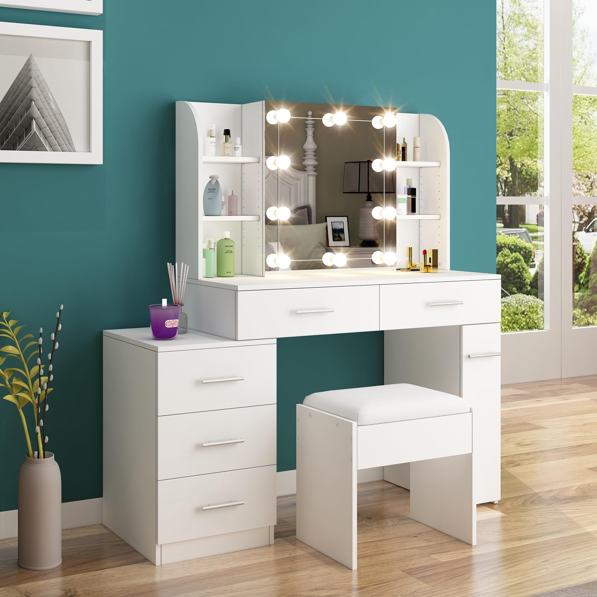 Senvoziii White large Dressing Table with Mirror and Stool,Modern Vanity Makeup Table Desk with 3-Mode LED Lights,5 Drawers & 6 Shelves,Modern Design for Girls Bedroom