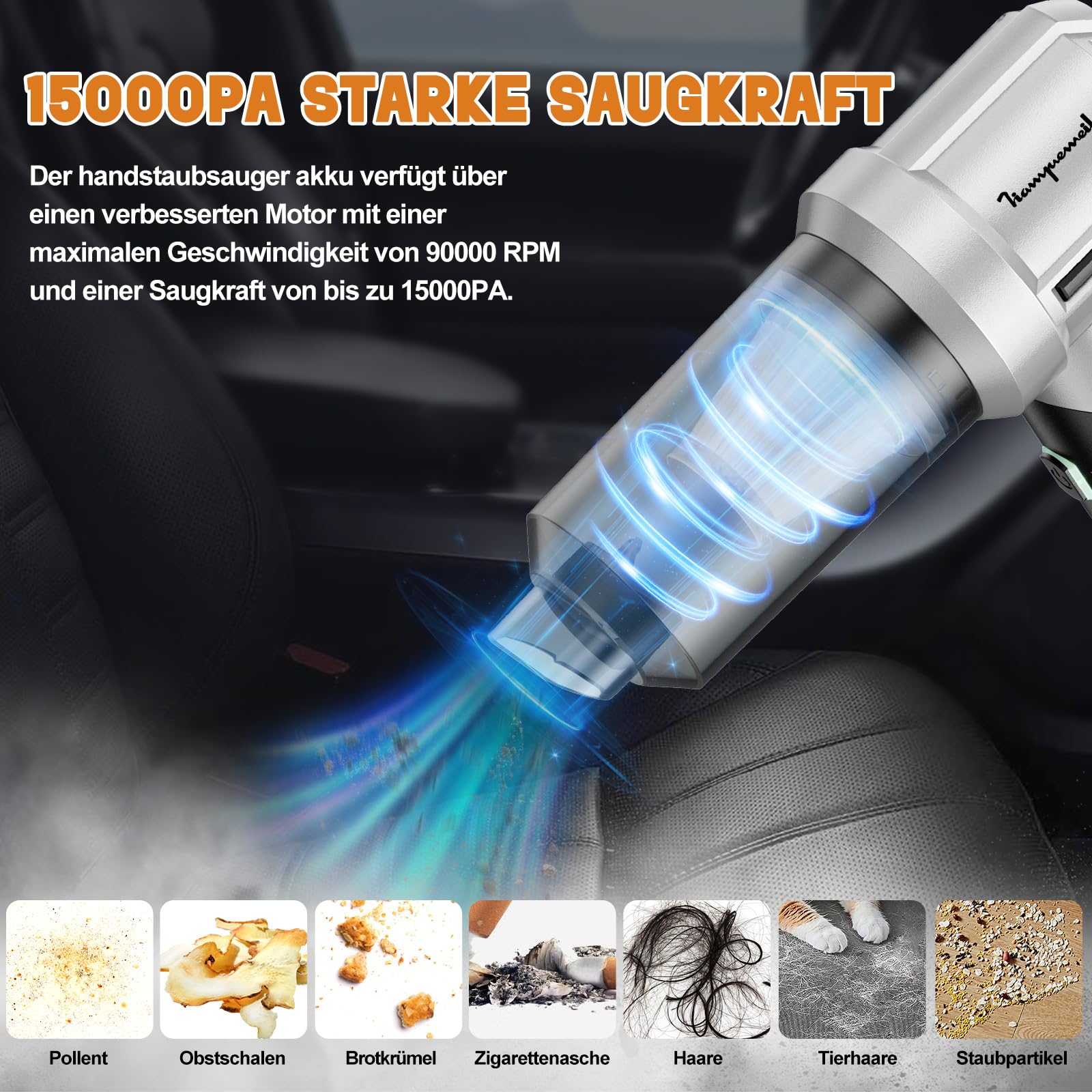 Aspirapolvere Senza Fili Auto Aspirabriciole: 15000PA Portatile 90° Aspirapolvere per Auto- 6000mAh Potente Aspiratore con 3 HEPA Filtri - Mini Aspirazione Ricaricabile Tipo-C per Ufficio Casa Animali