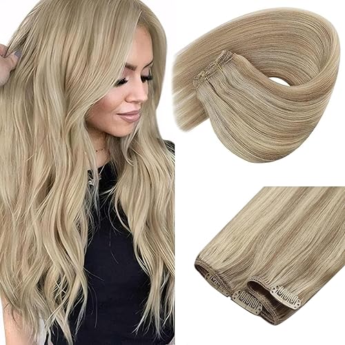 Sunny Hair - Extensiones de clip de cabello humano - rubio claro mezclado con reflejos rubio dorado - 12 pulgadas, 5 unidades, 2.82 onzas