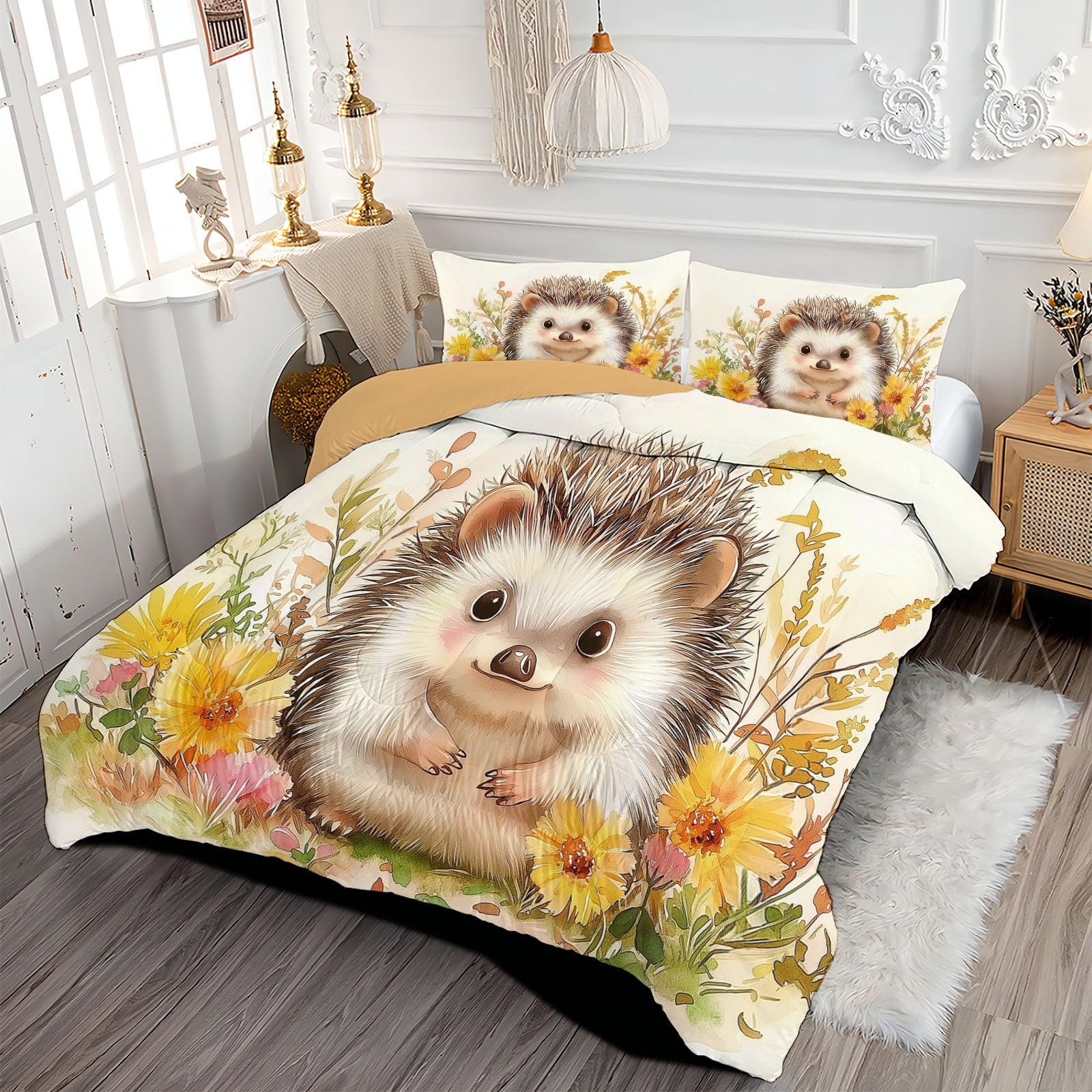Trapunta Invernale in Ecopiuma, 240x220cm Set Piumone Illustrazioni Per Bambini Imbottita 200 gr/mq Caldo e Morbido Piumino Trapuntato Fiore Di Riccio Coperta Letto Reversibile per 4 Stagioni, Marrone