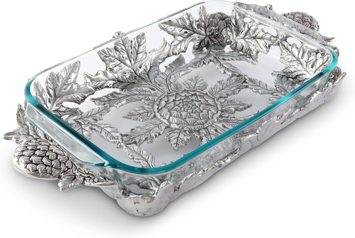 Arthur Court Metal Casserole Dish Holder - Artichoke Pattern - includes for Glass Baking Dish - Handcrafted in Aluminum - Decorative Hot Dishes Plate 19 inch Long 3 Quart Removable Dish Include