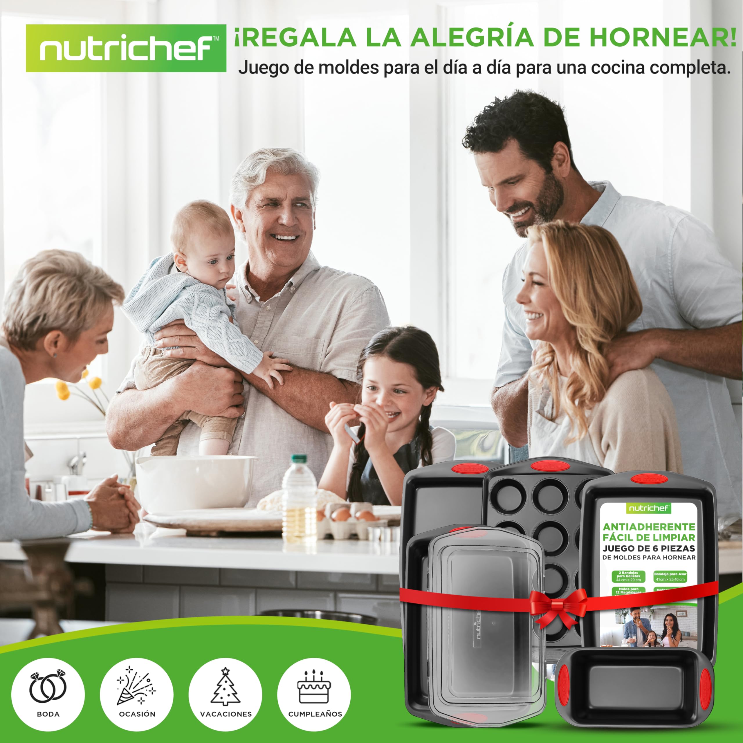Nutrichef bandejas horno, Moldes, Antiadherentes, Libres de PFOA, PFOS y PTFE, Set profesional para cocina en casa, Apilables, Asas de silicona