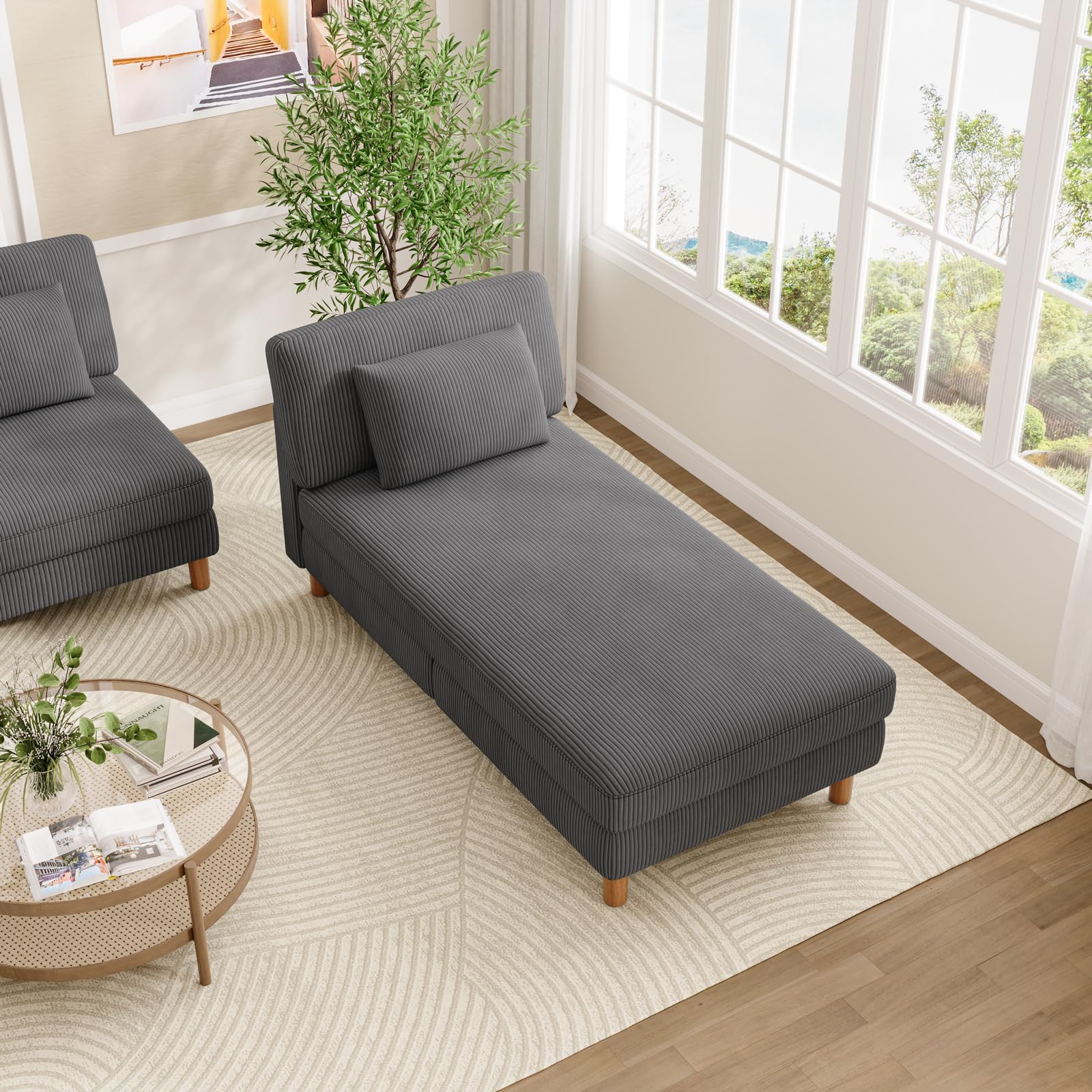 Vesgantti Corduroy Chaise Lounge Sofa, Upholstered Couch with wide Cushions, Perfect for Living Room, Bedroom, Office, Small Space, Tool-free Assembly，158L*81W*84cm, Grey