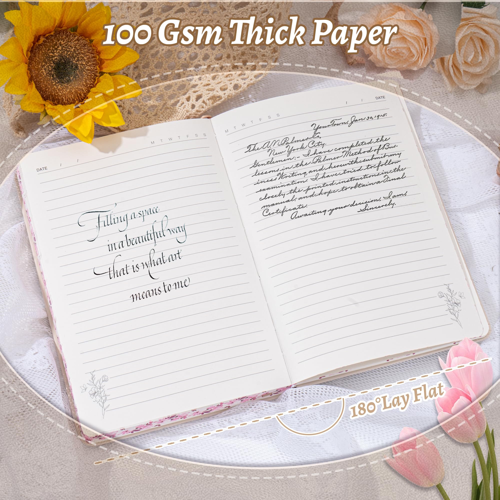 Liniertes Tagebuch, Notizbuch für Frauen, 320 Seiten, dickes Blumenmuster, A5, ästhetisches Hardcover, Tagebuch, Notizbücher zum Schreiben mit Geschenkbox, 14 x 21 cm, Gelb