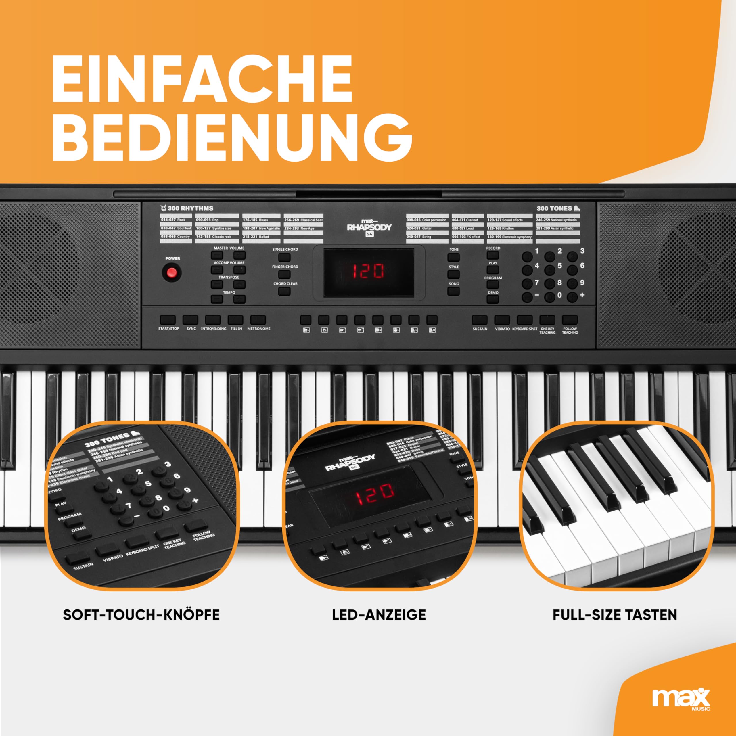 MAX Rhapsody54 - Keyboard Piano mit Notenhalter für Anfänger, 54 Tasten Keyboard mit Ständer und Kopfhörer, Lautsprecher, Display, 50 Demos, Lern-Funktion, 600 Sounds, 8 Percussions
