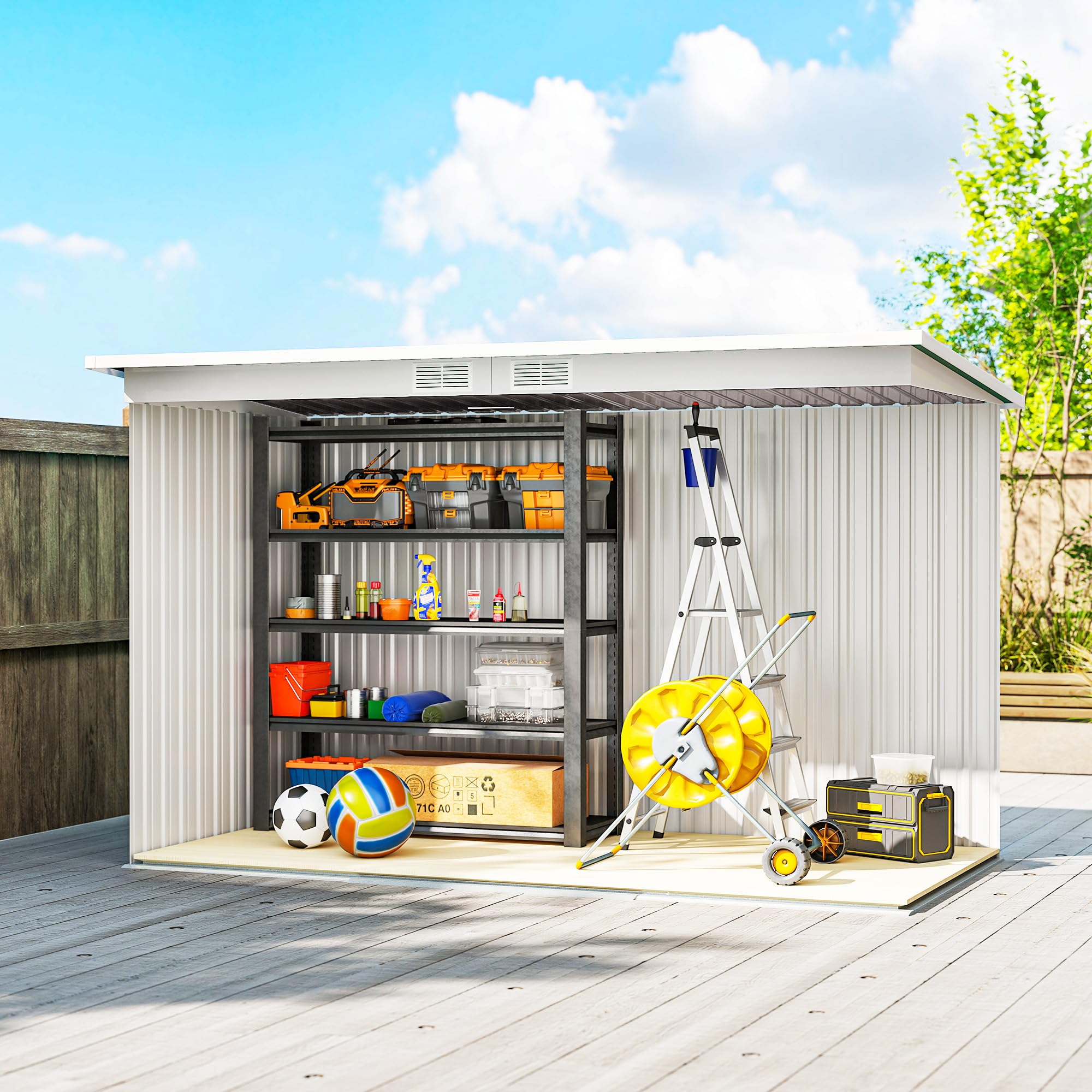 Outsunny Domek ogrodowy 3,6 m² z zestawem fundamentowym ze stali ocynkowanej z drzwiami przesuwnymi, wymiary 280 l x 130 l x 172H cm, jasnoszary