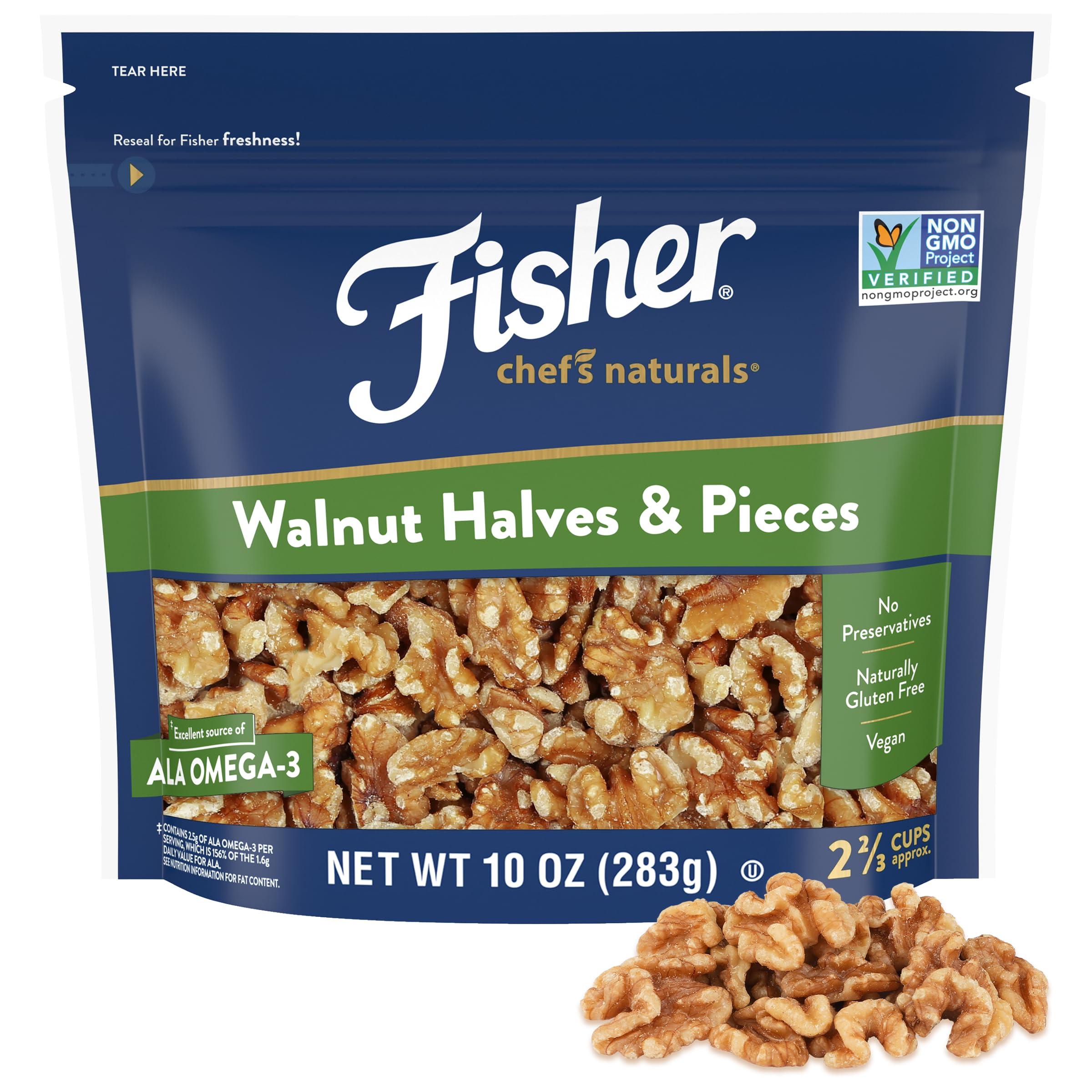 Fisher Chef's Naturals Walnut Halves & Pieces 10 oz, 100% California Unsalted Walnuts for Baking & Cooking, Healthy Snacks for Adults, Resealable Bag, Vegan Protein, Keto Snack, Chopped Nuts, Topping