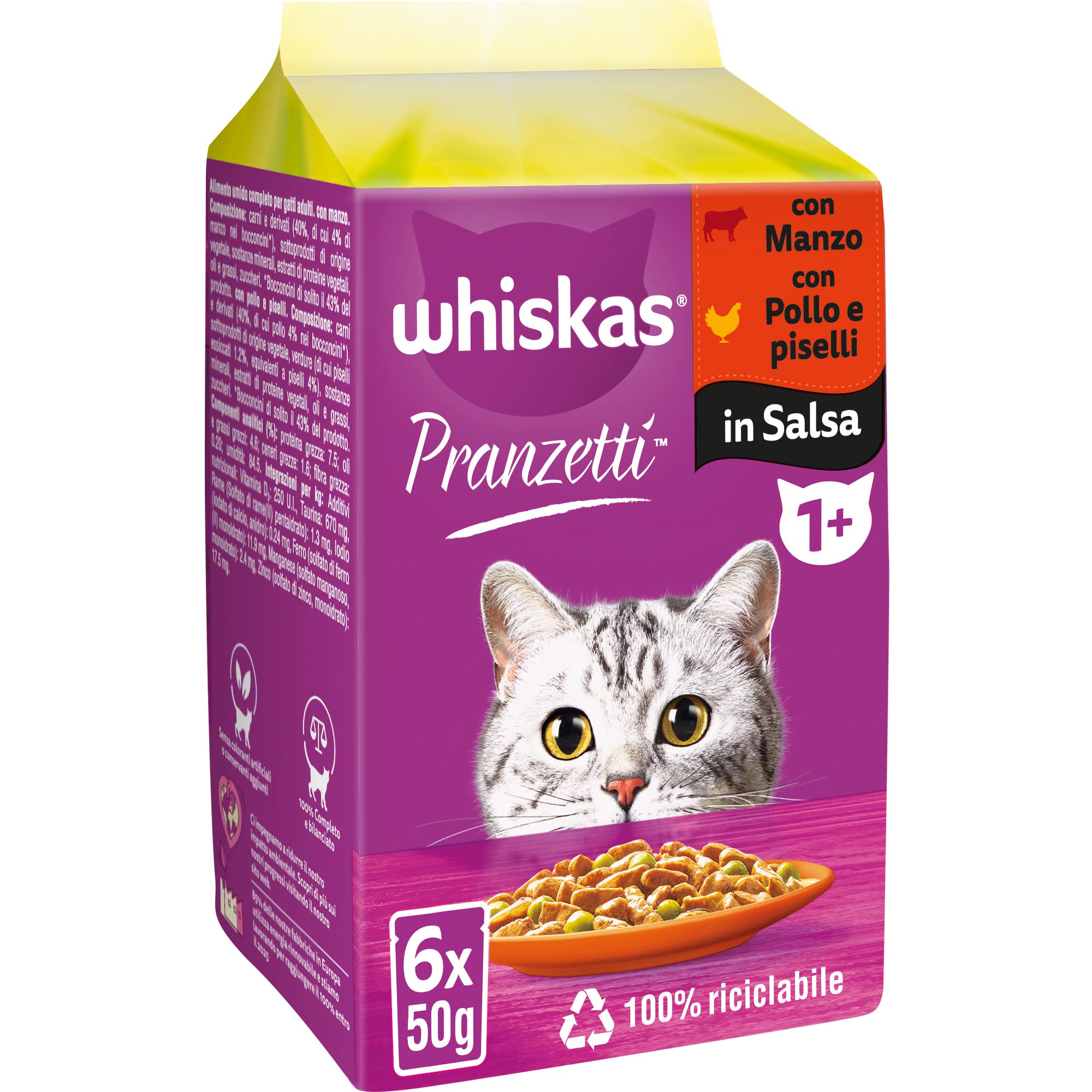 Whiskas Pranzetti Carni e Verdure 1+ Adulto, Cibo Umido per Gatto, 12 Confezioni ognuna da 6 bustine x 50g (72 Pezzi in Totale)