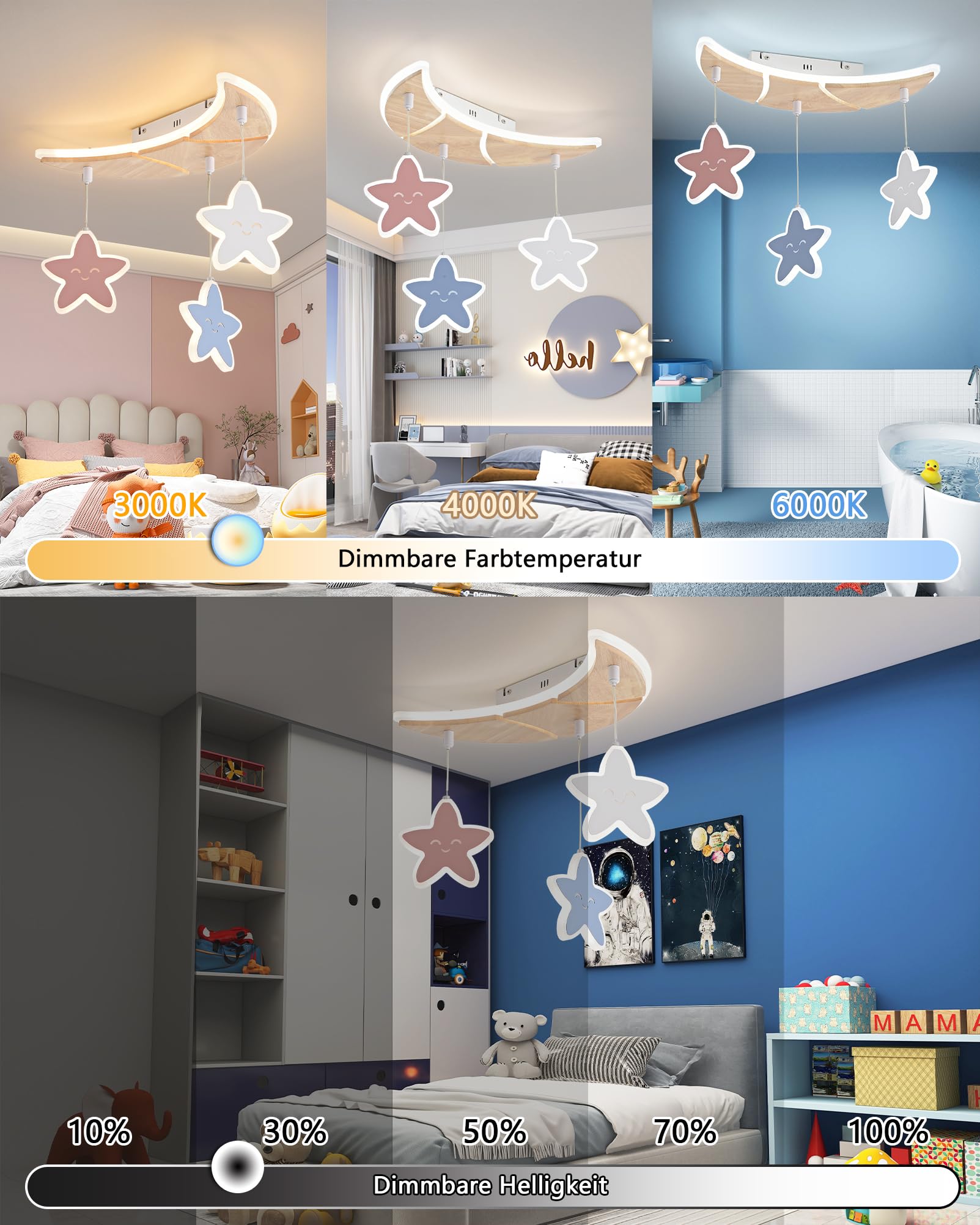 LED Deckenleuchte Stern Mond, 40cm 32W Holz Kinder Lampe Dimmbar 3000-6000K mit Fernbedienung, Für Kinderzimmer, Babyzimmer, Jugendzimmer, Schlafzimmer, Mit Memory-Funktion, 4W Nachtlicht