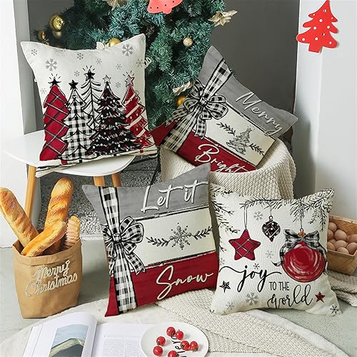 Miniatura 6 de Juego de 4 fundas de almohada de Navidad a cuadros rojos y grises de 18 x 18 pulgadas, diseño de bolas de árbol de nieve para sofá