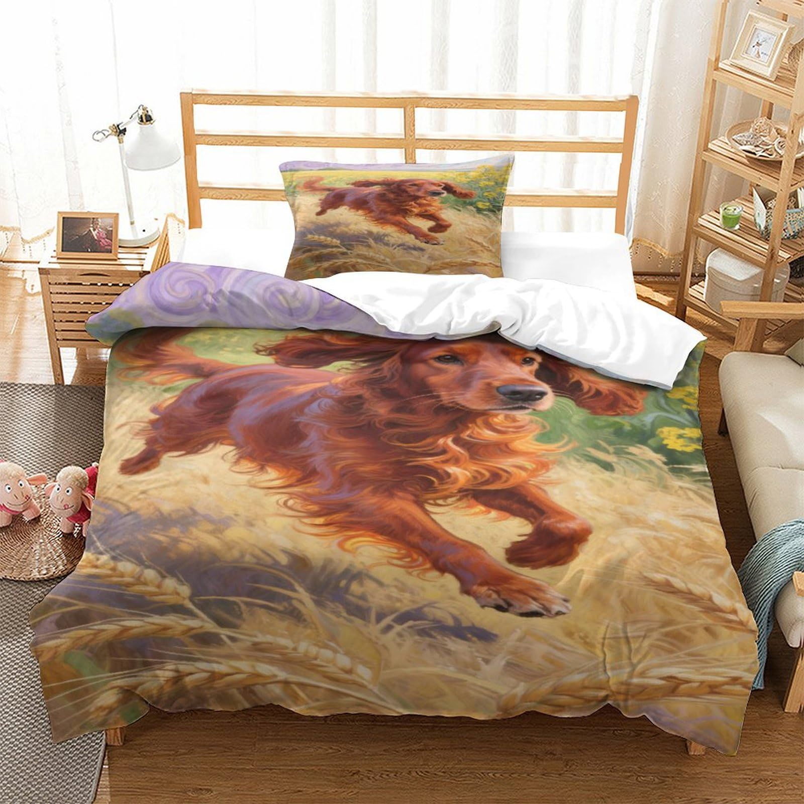 XPASHIQWC Irish Setter 3 Pieces 3D Printed Microfiber Duvet Cover Set Wheat Field with Pillow Cases for Bedroom Dorm Decor Single（135x200cm）