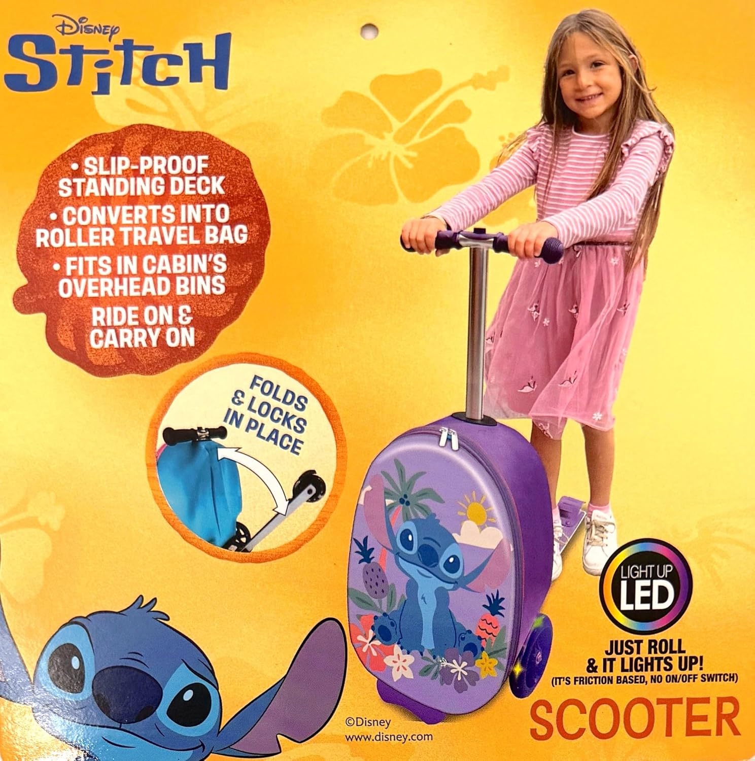 Disney Stitch 2-in-1 Kids Scooter Suitcase & Ride-On Carry-On Luggage –Lightweight Carry-On Travel Case with Built-in Kick Scooter (Stitch)