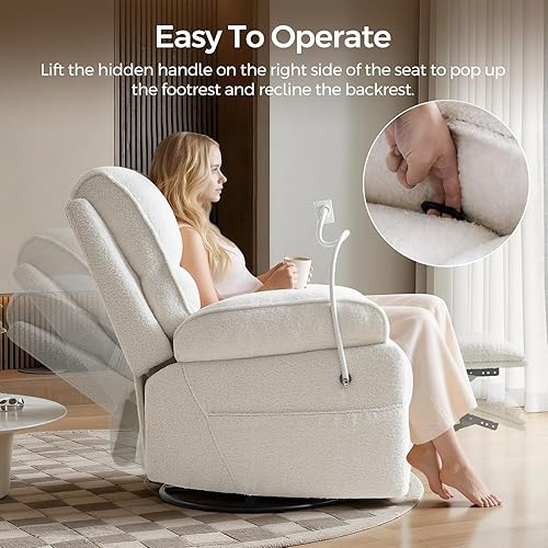 Miniatura 5 de Teddy - Mecedora giratoria de forro polar con soporte para teléfono, silla reclinable manual dorada con reposapiés ancho para sala de estar y