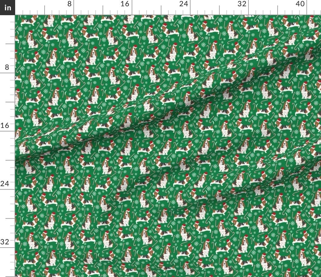 Spoonflower Fabric - Basset Hound Candy Canes Winter Snowflakes Dogs Green Christmas Puppy Printed on Petal Signature Cotton Fabric by The Yard - Sewing Quilting Apparel Crafts Decor