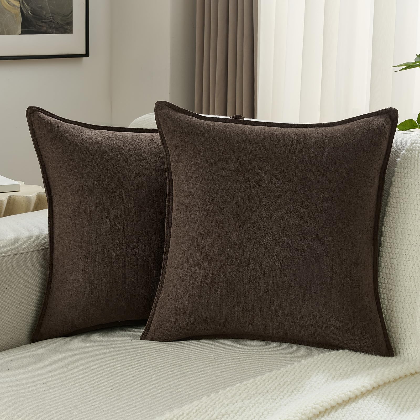FUTEI Set of 2 Solid Chenille Cushion Covers 40x40 cm, Dark Coffee โ image 1