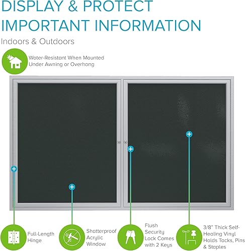 Vista 79 de Ghent Tablón de anuncios de vinilo cerrado de 2 puertas para exteriores, resistente a los golpes, con cerradura, marco de aluminio satinado